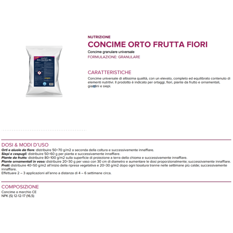 Scheda tecnica concime orto NPK 12-12-17 di Newpharm garden.