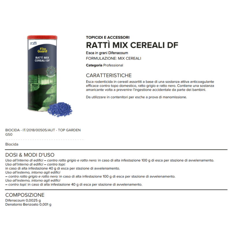Veleno per topi in cereali 1.5 kg scheda.