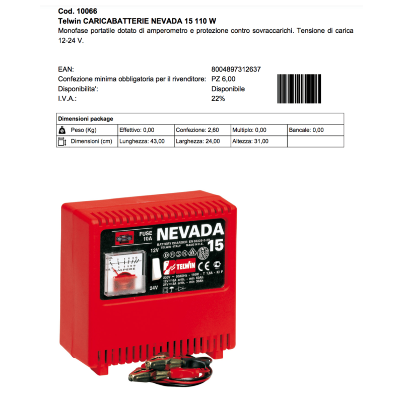 Telwin caricabatterie Nevada 15 110 W scheda tecnica Alfaworld