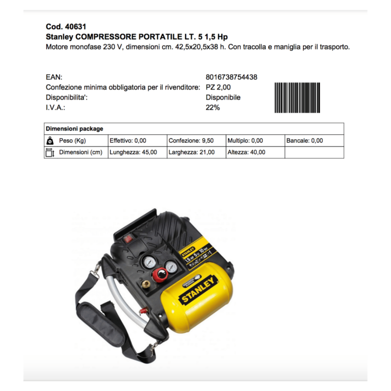 Compressore portatile 5 lt stanley scheda Alfaworld