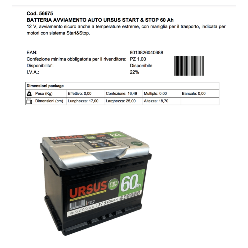 Scheda prodotto Batteria avviamento auto 60 ah Ursus Start e stop Alfaworld