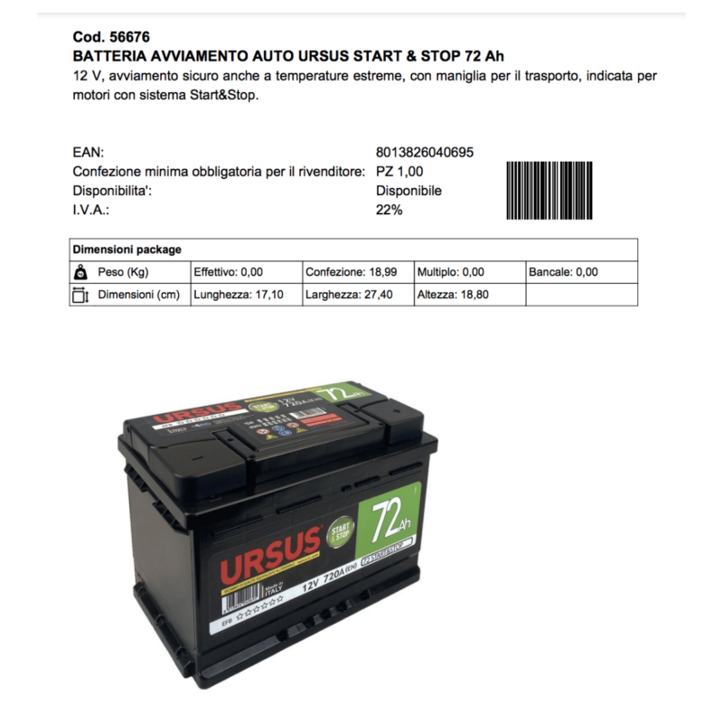 Batteria auto start e stop 72 ah Ursus scheda Alfaworld